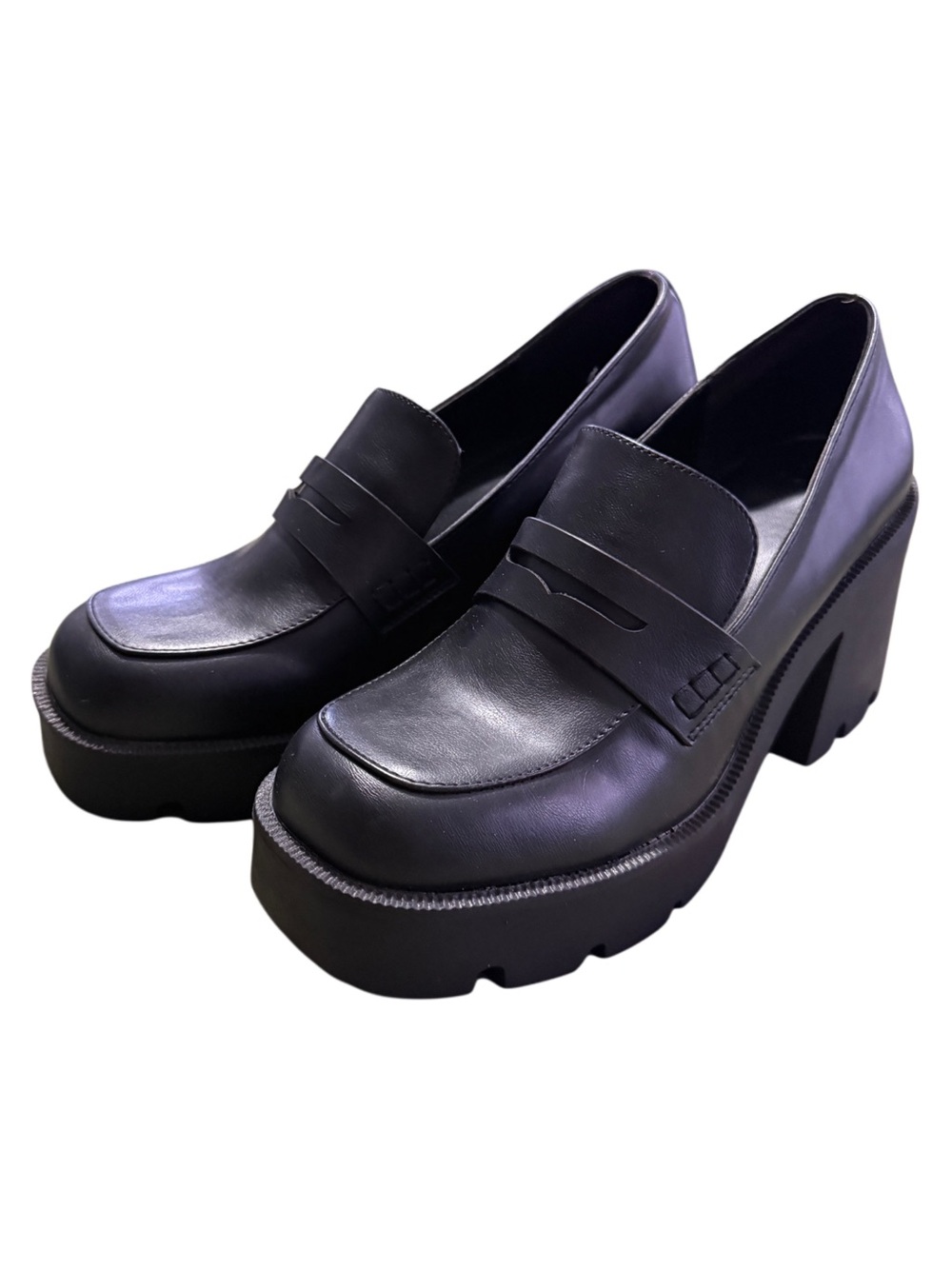 JF Black Chunky Platform Heeled Penny Loafers Lug Sole Size 11 NWOT